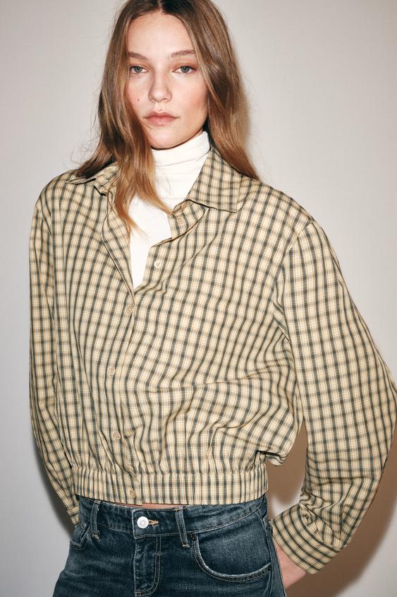 Zara ZW COLLECTION PUFF-SLEEVE CHECK SHIRT - Ecru / Black - Image 0
