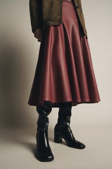 ZW COLLECTION LEATHER EFFECT MIDI SKIRT - Burgundy by Zara