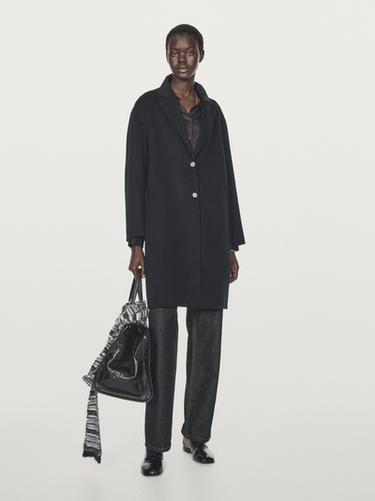 Manteau long deux boutons en laine mélangée - Bleu marine de Zara