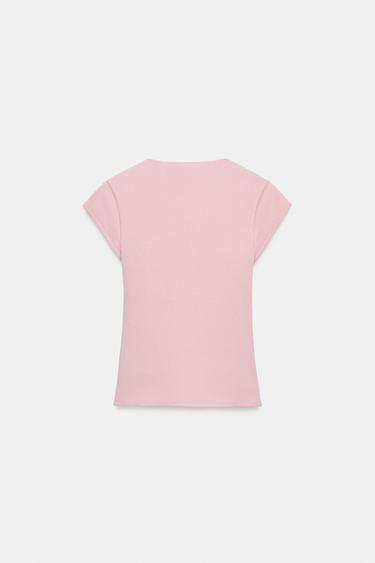 RIBBED T-SHIRT WITH BUTTONS - Pale pink by Zara - Image 4