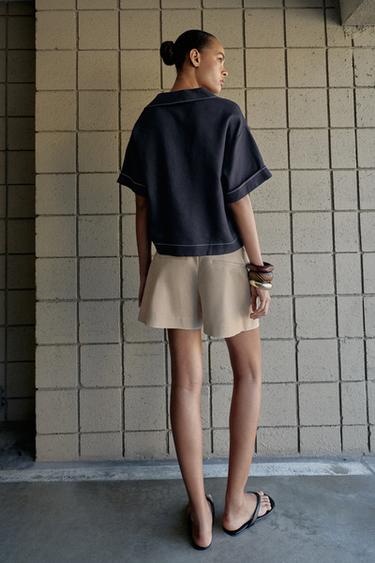 LINEN BLEND SHIRT WITH CONTRAST TOPSTITCHING - Navy blue by Zara - Image 3