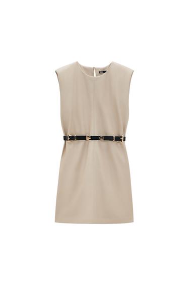 FAUX LEATHER BELTED DRESS