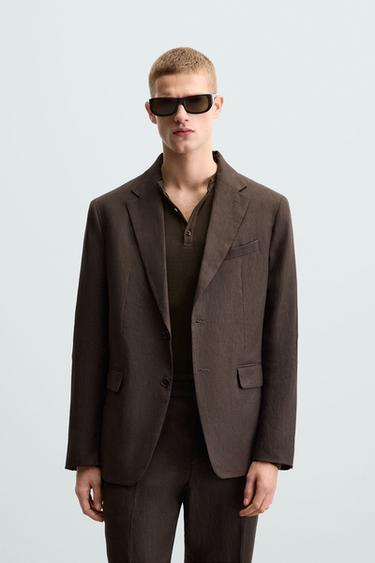 Zara 100% LINEN SUIT BLAZER - Dark brown