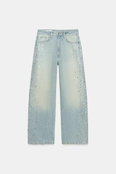 Zara TRF 亮片裝飾吊襠牛仔褲 - 藍色