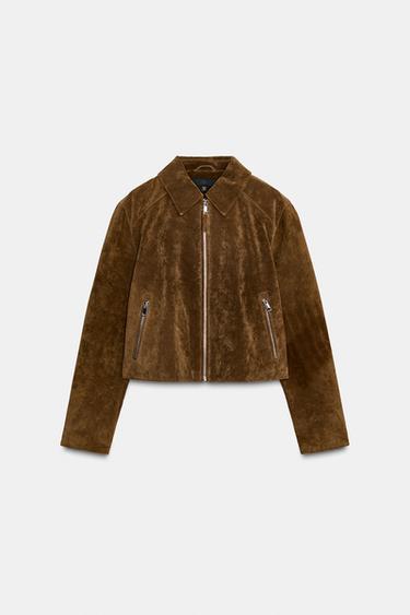 JAQUETA DE COURO COM ZÍPER - Marrom da Zara - Imagem 0