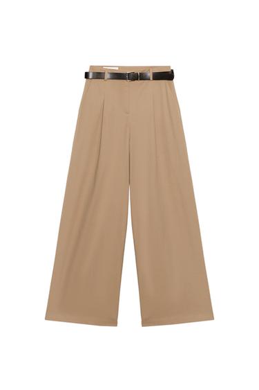 SZEROKIE SPODNIE Z PASKIEM - ciepły beż Zara