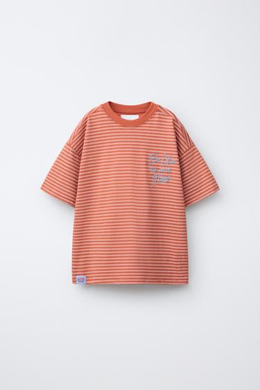 STRIPED T-SHIRT WITH EMBROIDERED SLOGAN - Brick by Zara