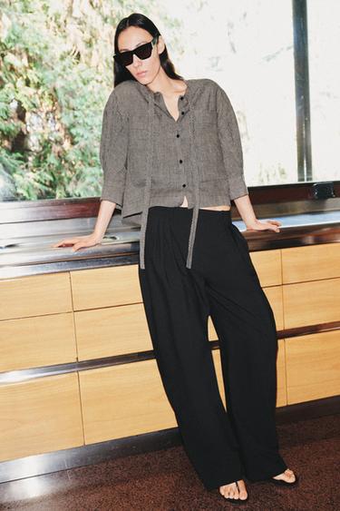 Zara ZW COLLECTION PLAID LINEN SHIRT - Ecru / Black