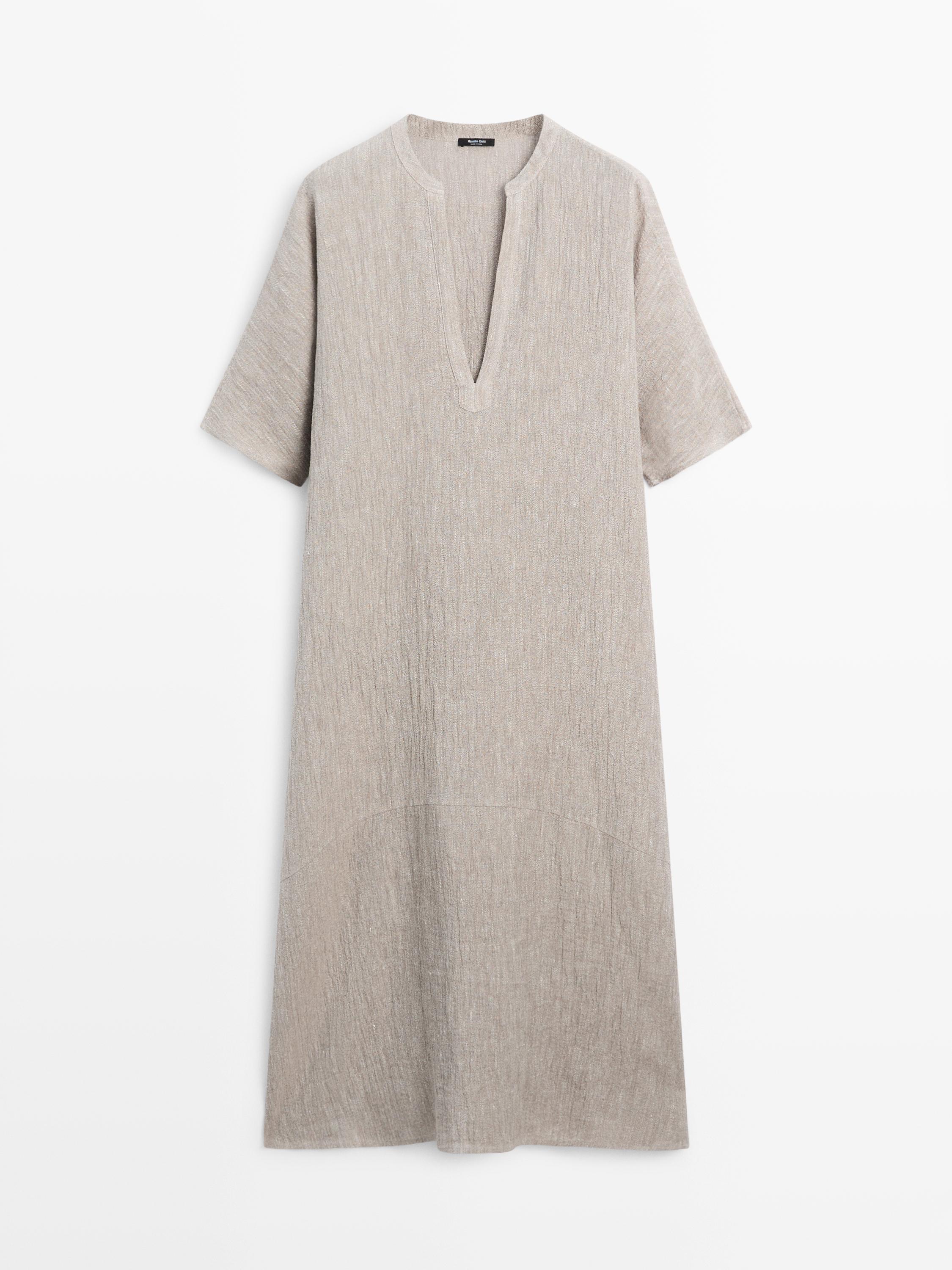 Waffle-knit linen blend kaftan dress