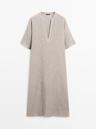 Zara Waffle-knit linen blend kaftan dress - Mink - Image 0