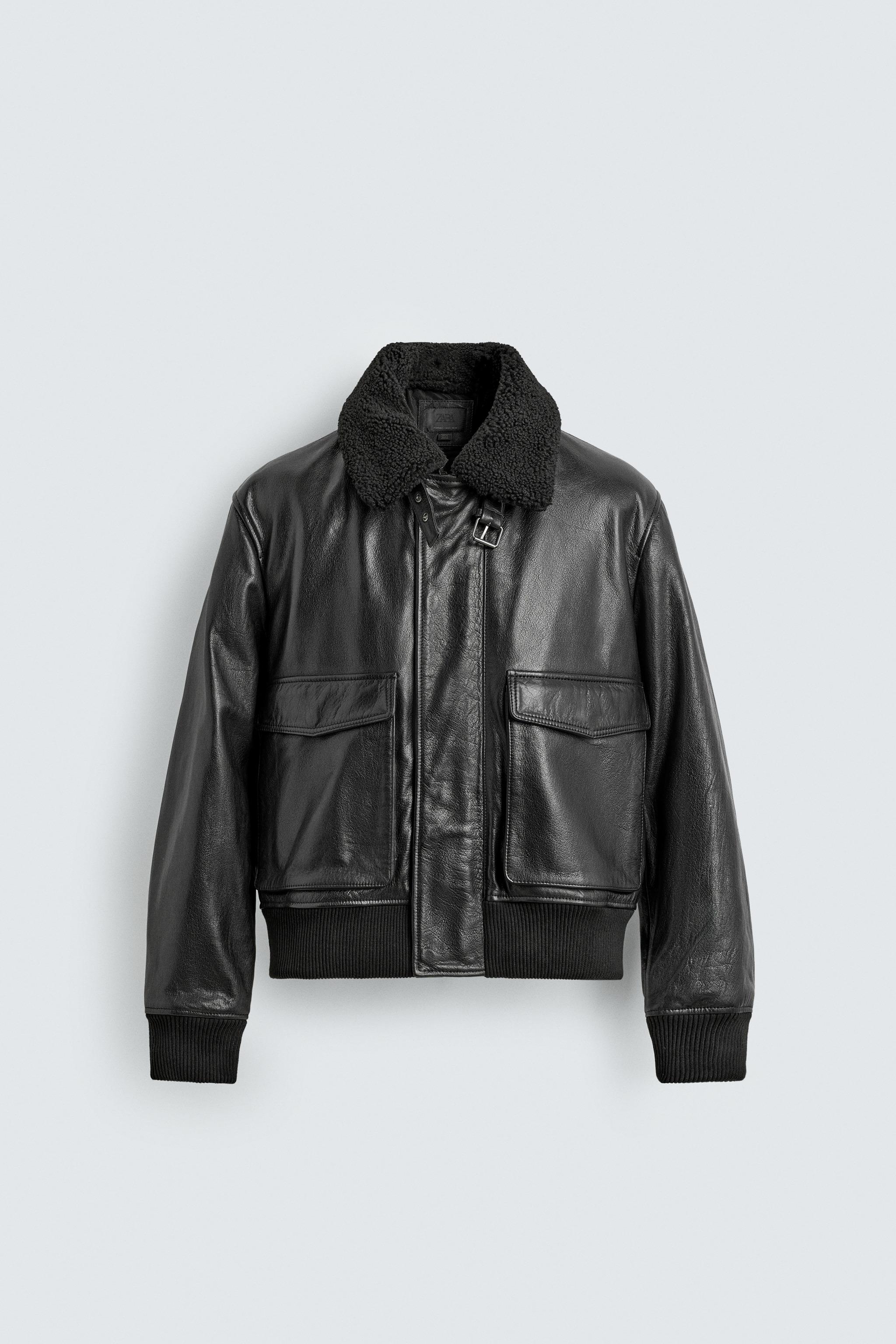 JAQUETA DE COURO COM GOLA COMBINADA - Preto | ZARA Brasil
