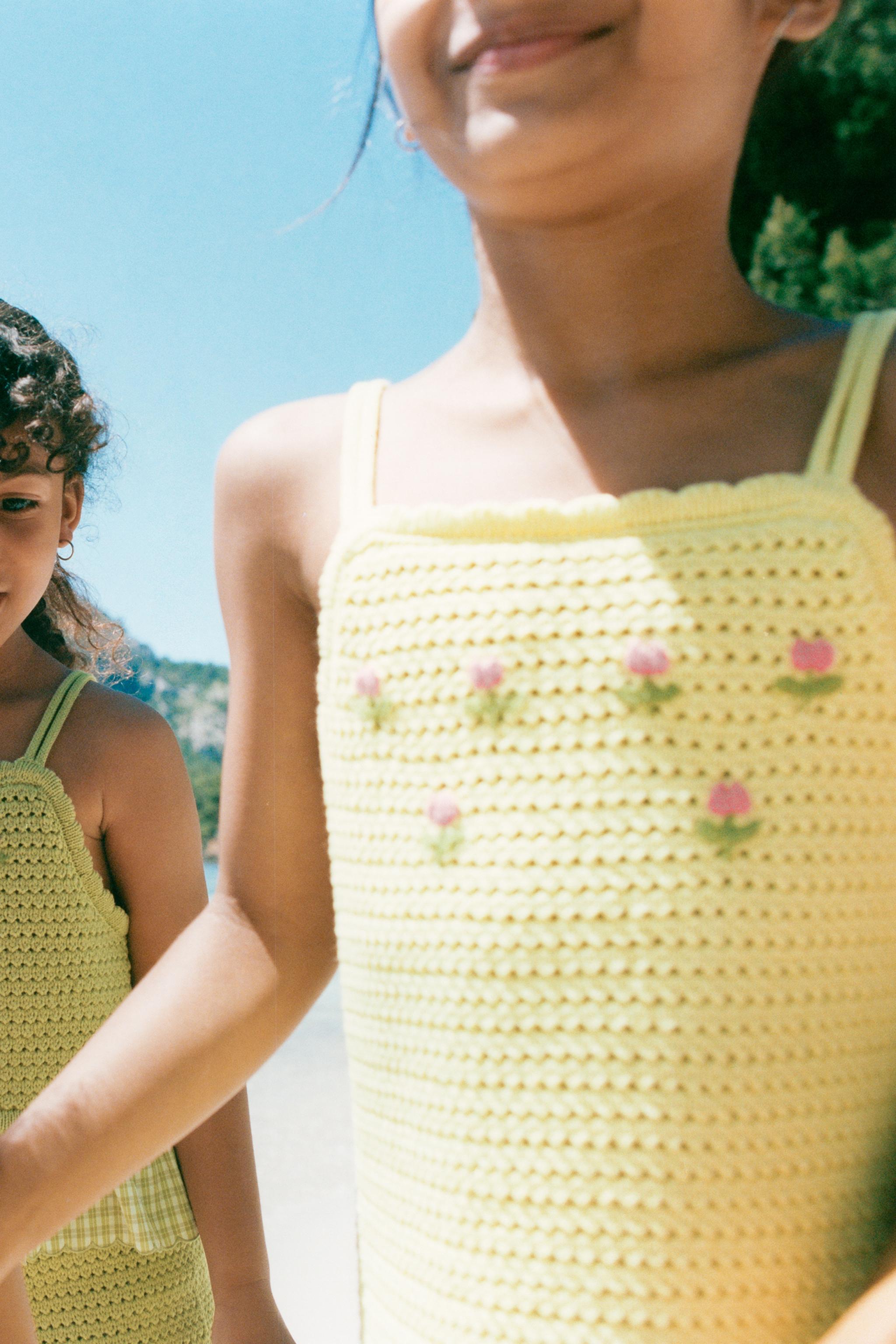 EMBROIDERED FLORAL KNIT DRESS — Lime green
