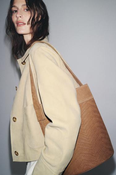 Zara LEATHER BRAIDED MAXI BUCKET BAG - Brown - Image 0