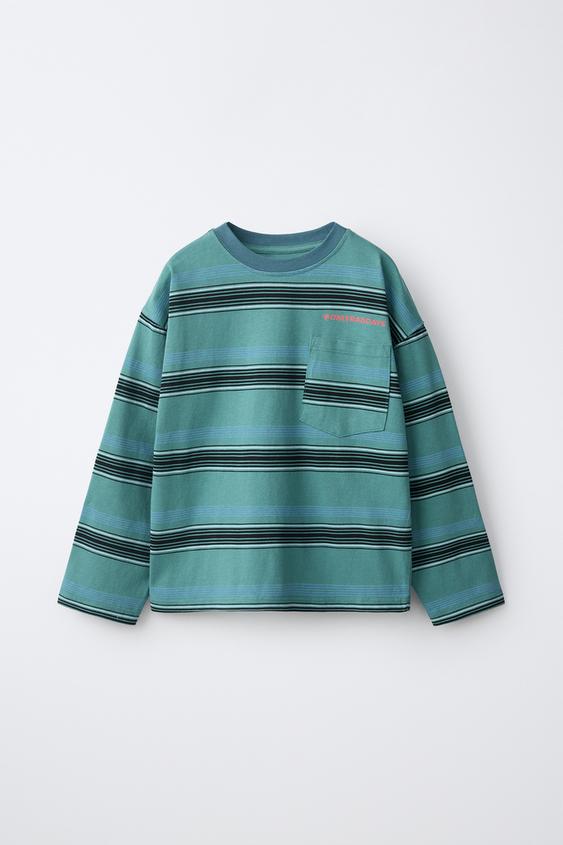 STRIPE AND LOGO PRINT T-SHIRT - Duck blue by Zara - Image 0