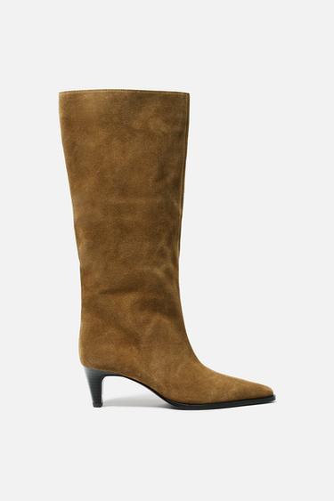 SPLIT SUEDE KITTEN HEEL BOOTS - Brown by Zara