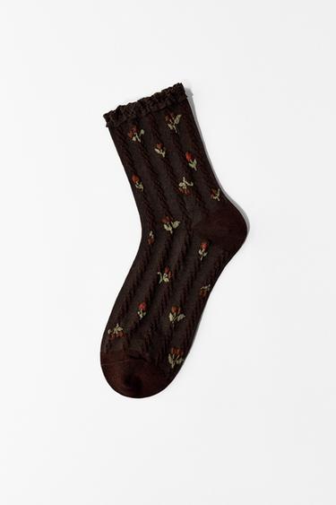 CHAUSSETTES IMPRIMÉ FLEURS DENTELLE - Marron de Zara
