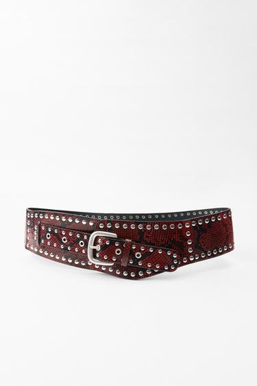STUDDED ANIMAL PRINT LEATHER CORSET BELT - Burgundy by Zara