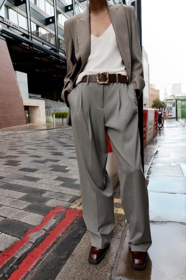 BELTED STRAIGHT-LEG TROUSERS - Grey / Tan by Zara - Image 1