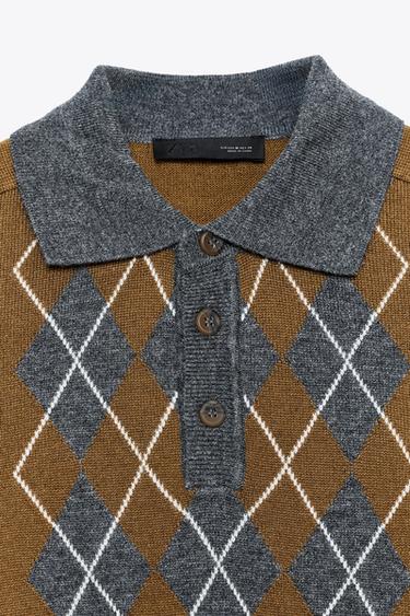 DIAMOND KNIT POLO SWEATER - Light brown by Zara - Image 7