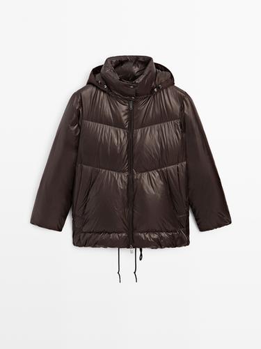 Zara Water-repellent puffer jacket with detachable hood - Brown