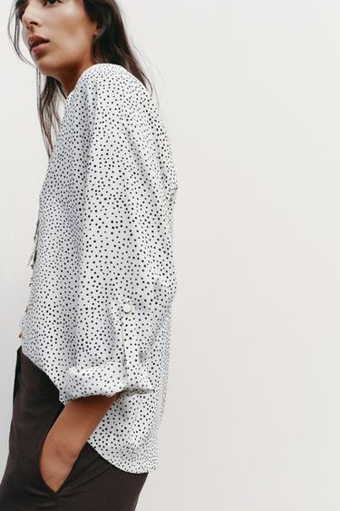CHEMISE À POIS À MANCHES RETROUSSÉES - Écru / Noir de Zara - Image 3