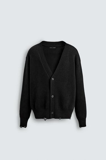 Zara DISTRESSED RIBBED CARDIGAN - Black