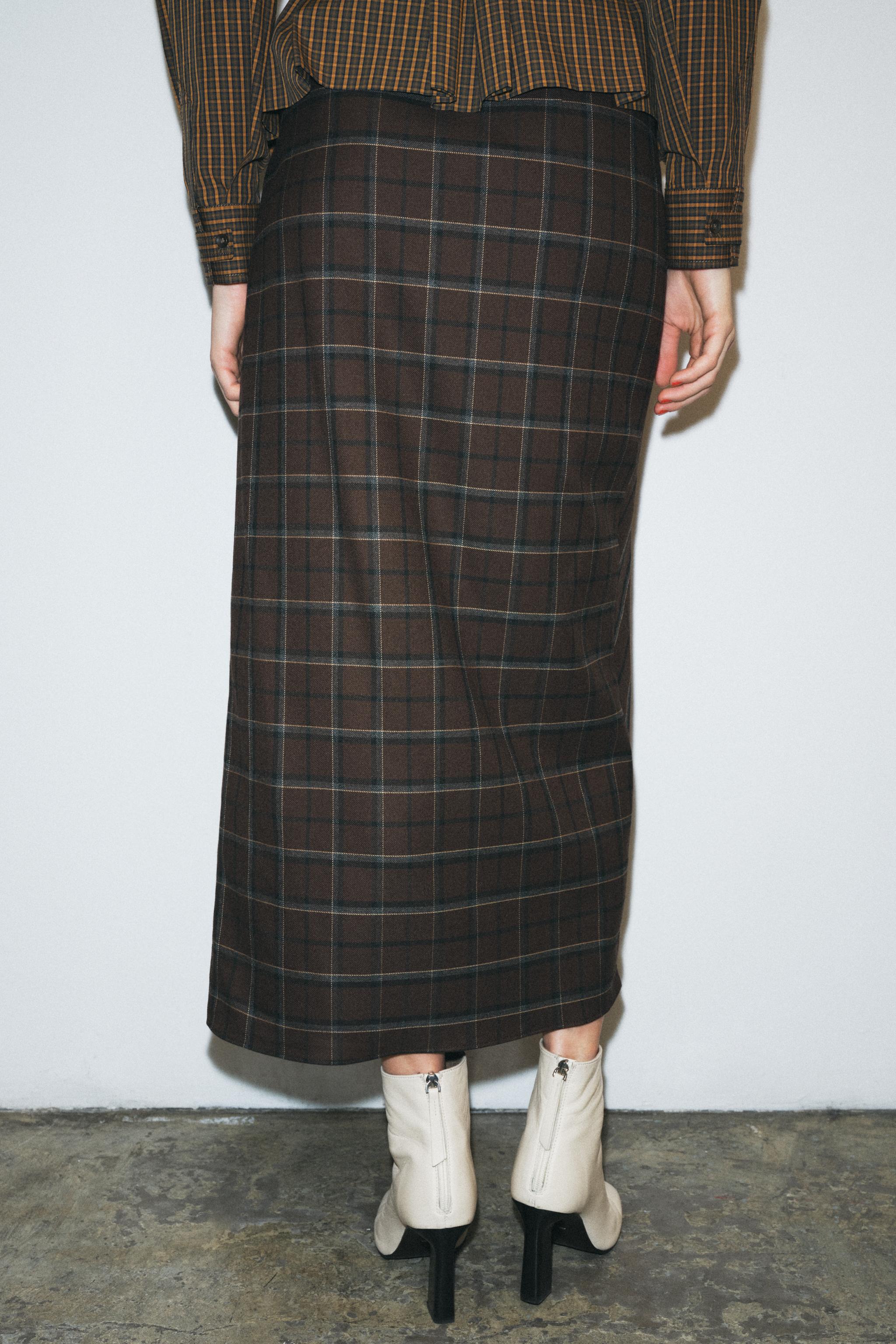 Jupe Midi Plissée Zara Femme - Marron à Carreaux - Taille XS - Très Bon état