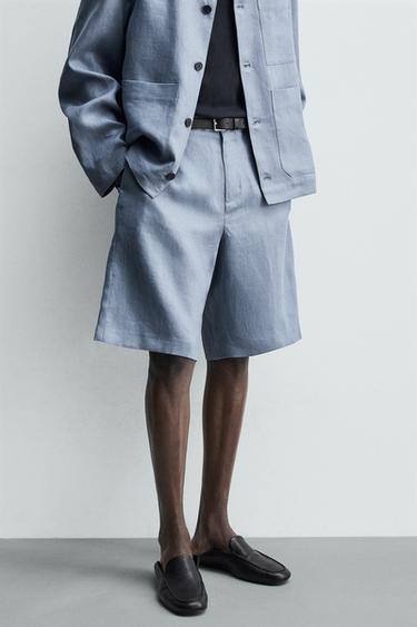 Zaras SHORTS I 100% LINNE MED RELAXED FIT - Urtvättad blå