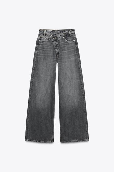 TRF WIDE-LEG HIGH-WAIST JEANS WITH CROSSOVER WAIST - Anthracite grey by Zara