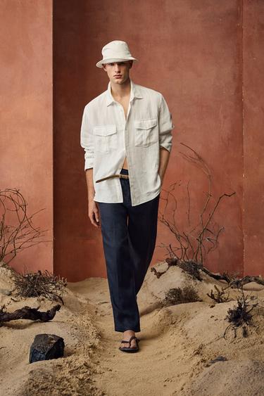 100% LINEN PLEATED TROUSERS - Navy blue by Zara - Image 0