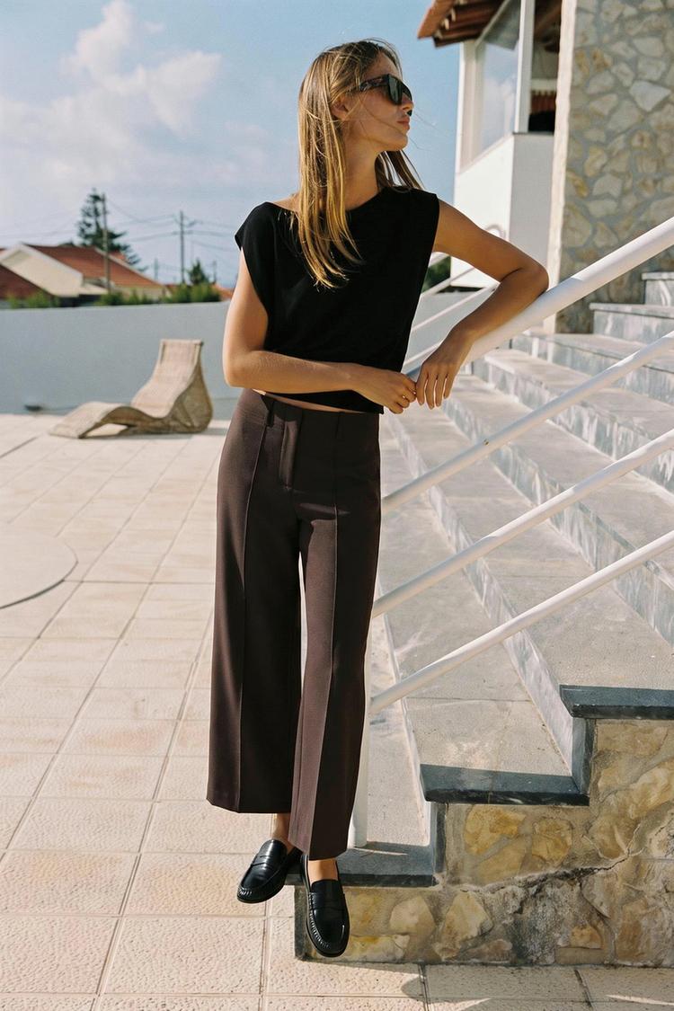 CROPPED WIDE-LEG TROUSERS — Brown