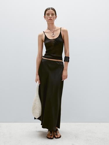 Zara Flowing satin midi skirt - Black - Image 0