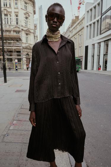 CRINKLE-EFFECT SATIN OVERSIZE SHIRT - Brown by Zara - Image 1