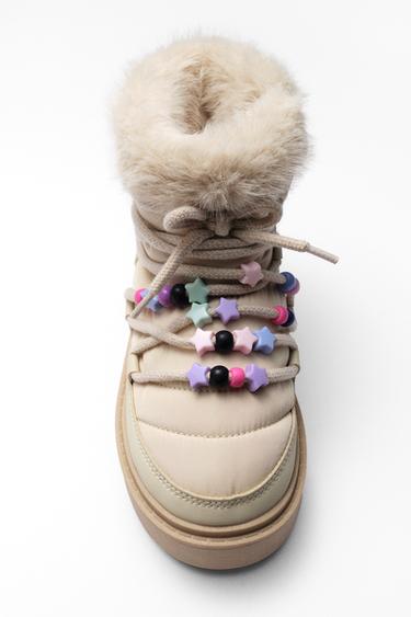 Zara BEADED FAUX FUR ANKLE BOOTS - Off White
