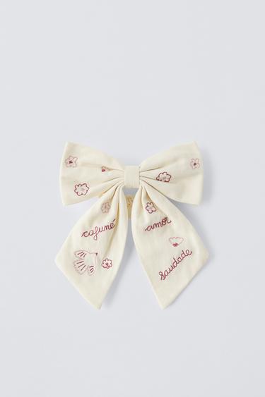 Zara EMBROIDERED BOW HAIR TIE - Ecru