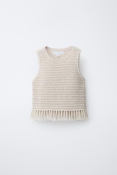 Zara FRINGED KNIT TOP - Ecru