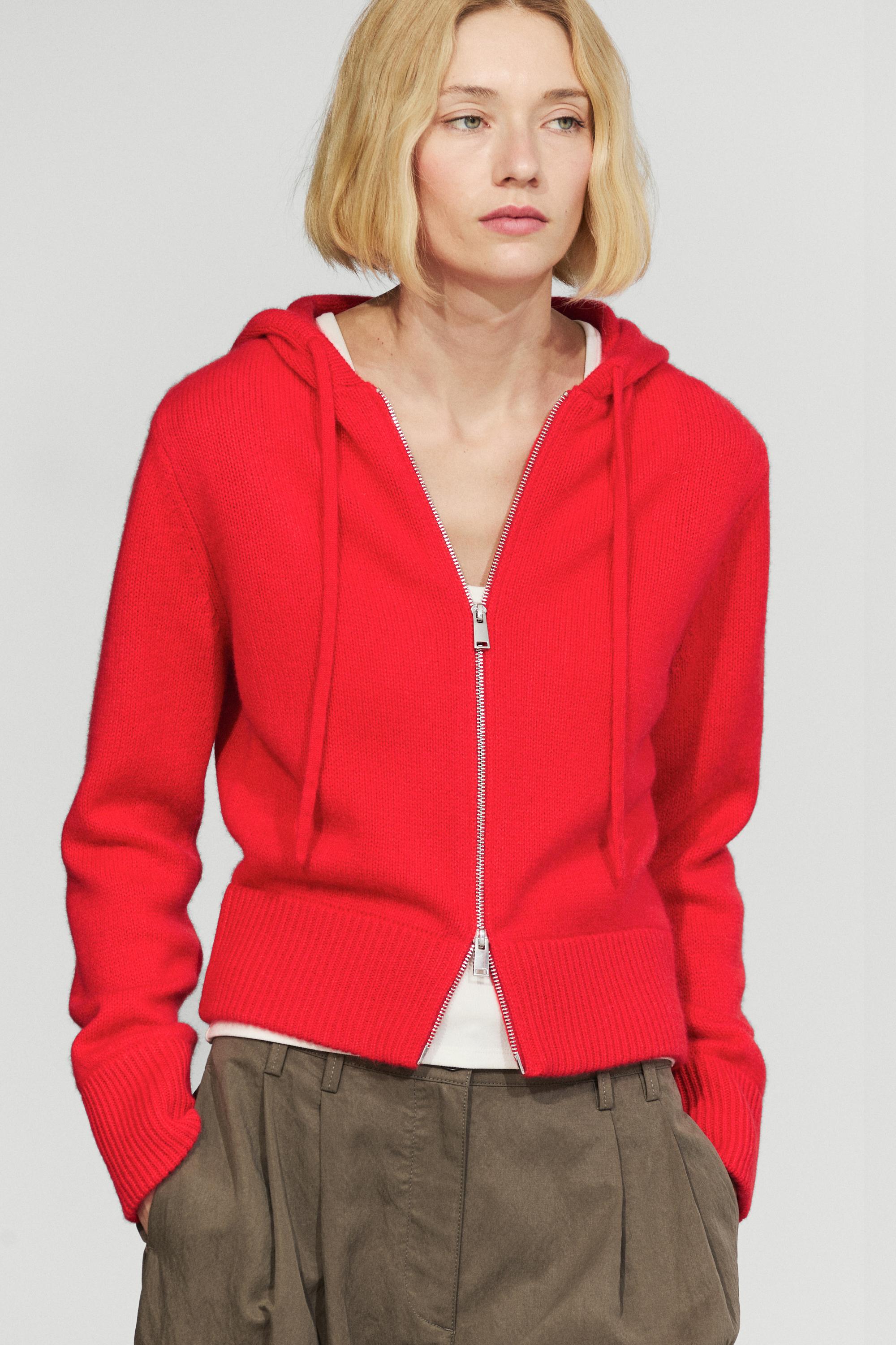 100% cashmere hooded zip-up cardigan — Red