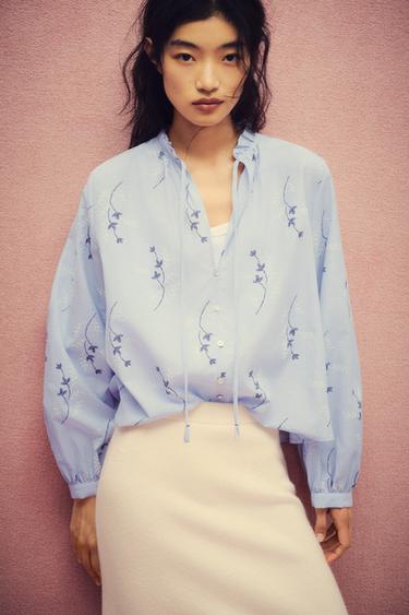 Zara 刺繡印花罩衫 - 藍色 / 白色