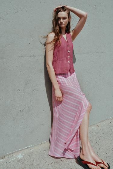 JUPE MI-LONGUE EN LIN À RAYURES - Rose / Blanc de Zara - Image 3