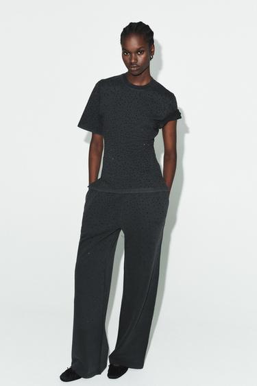 Zara SPARKLY SHORT SLEEVE TOP - Black