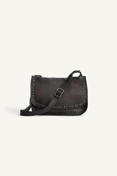 STUDDED LEATHER CROSSBODY BAG - Black by Zara