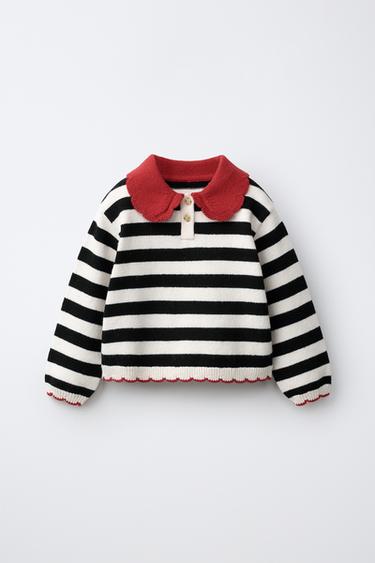 STRIPED KNIT POLO — Ecru / Black 1