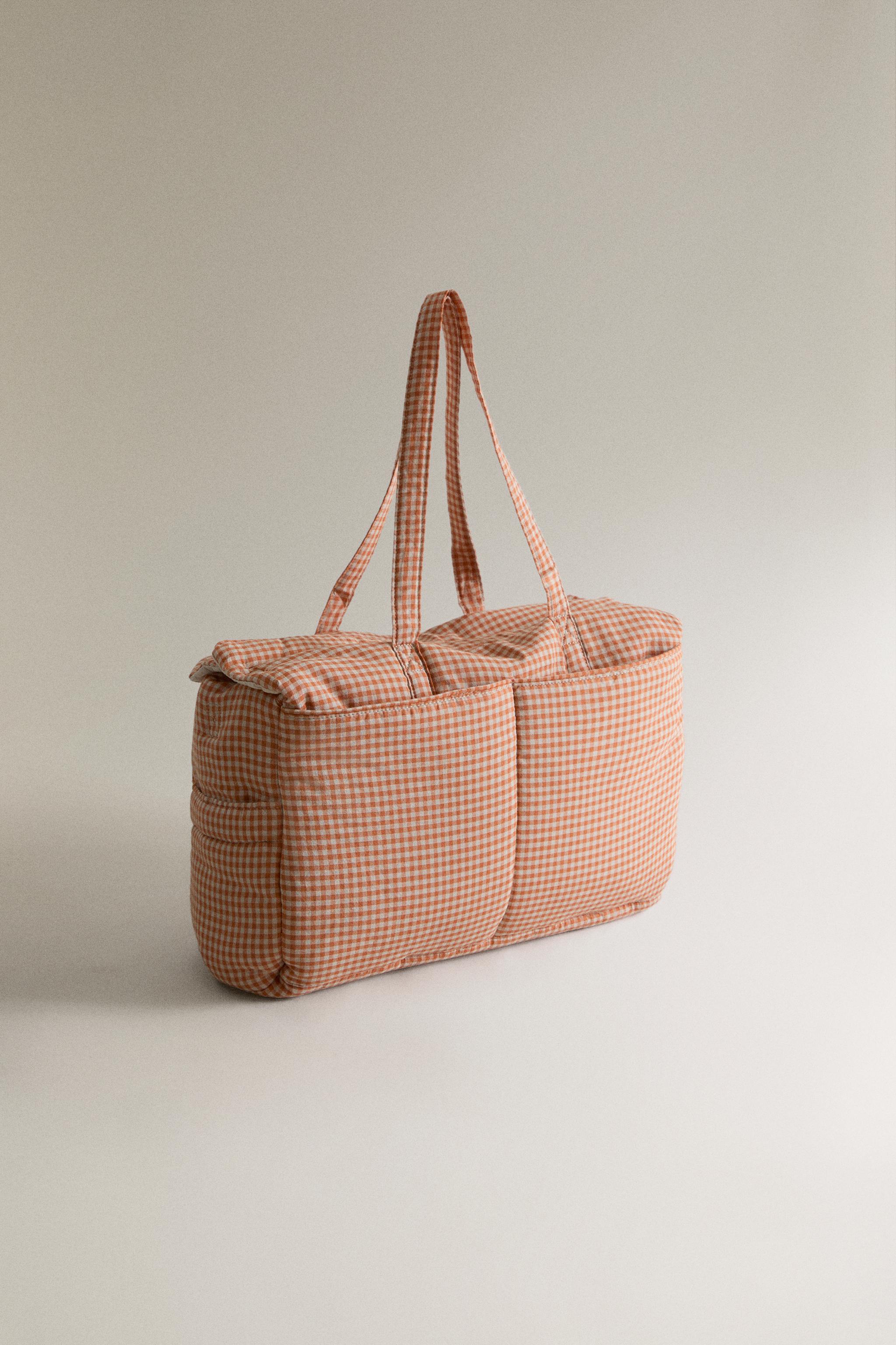 GINGHAM COTTON DIAPER BAG — Dark orange