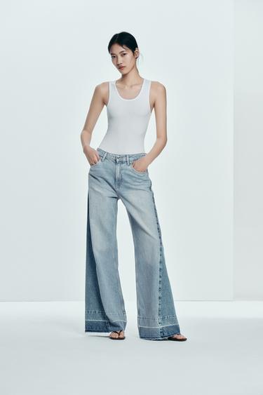Zara Z1975 系列中腰對比拼接寬管牛仔褲 - 淡藍色