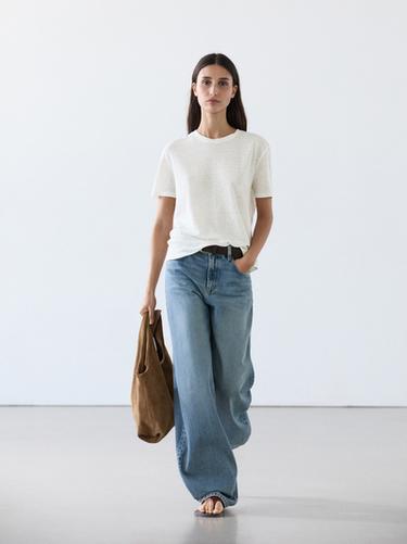 Zara Linen short sleeve T-shirt - Oyster-white - Image 0