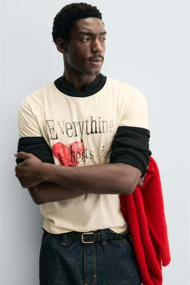 RIB T-SHIRT WITH CONTRAST HEART - Ecru by Zara - Image 4