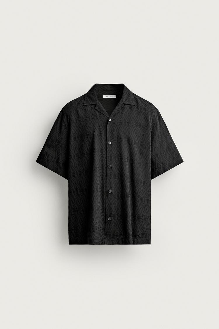 GEOMETRIC JACQUARD RELAXED FIT SHIRT — Black