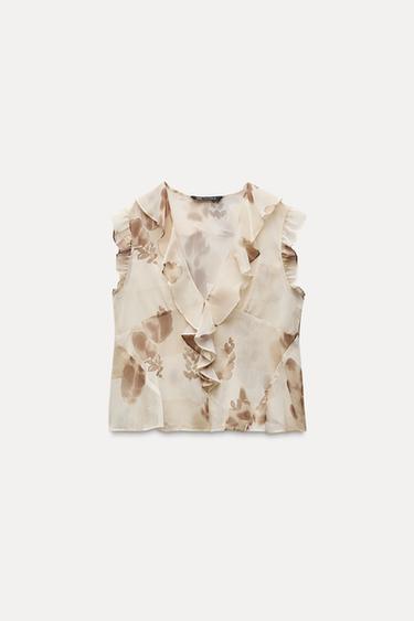 Zara PRINTED RUFFLED TOP - Beige-brown