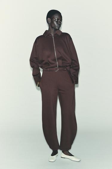 Zara PLEATED FLEECE BOMBER JACKET - Chocolate