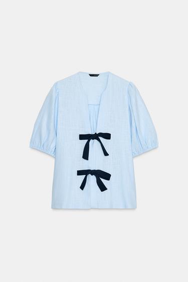 LINEN BLEND SHIRT WITH TIES - Light blue by Zara